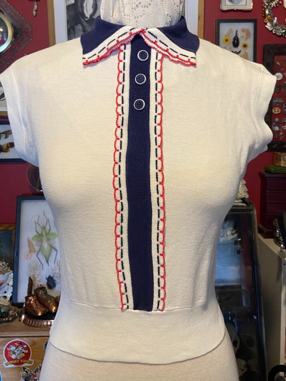 Vintage Nautical Style Polo Shirt 60's to 70's Kel Brand Red and Blue Trim